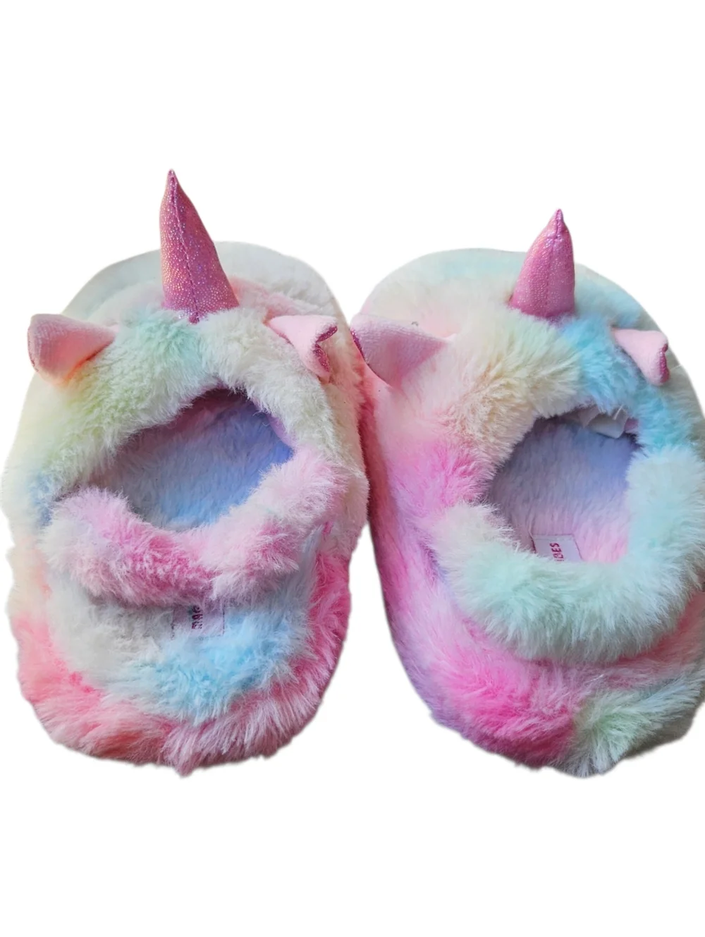 Magical Vibes Fluffy Faux Fur Rainbow Sparkly Unicorn Slippers Back Strap 9/10